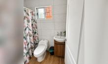 Baño con inodoro, lavamanos, piso de apariencia madera y ducha,