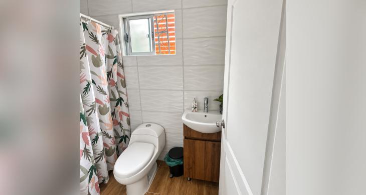 Baño con inodoro, lavamanos, piso de apariencia madera y ducha,